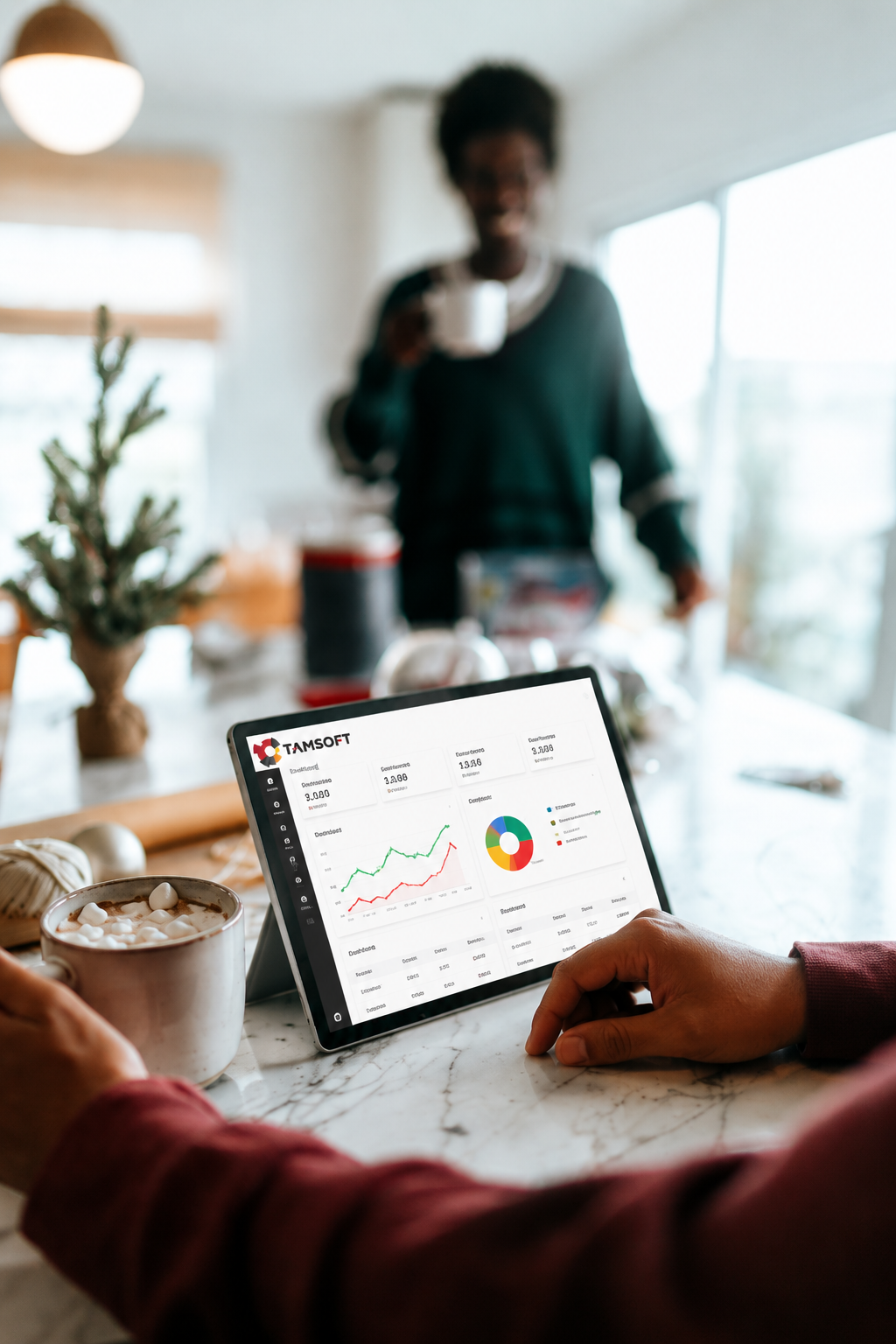 Casual office workspace with tablet dashboard